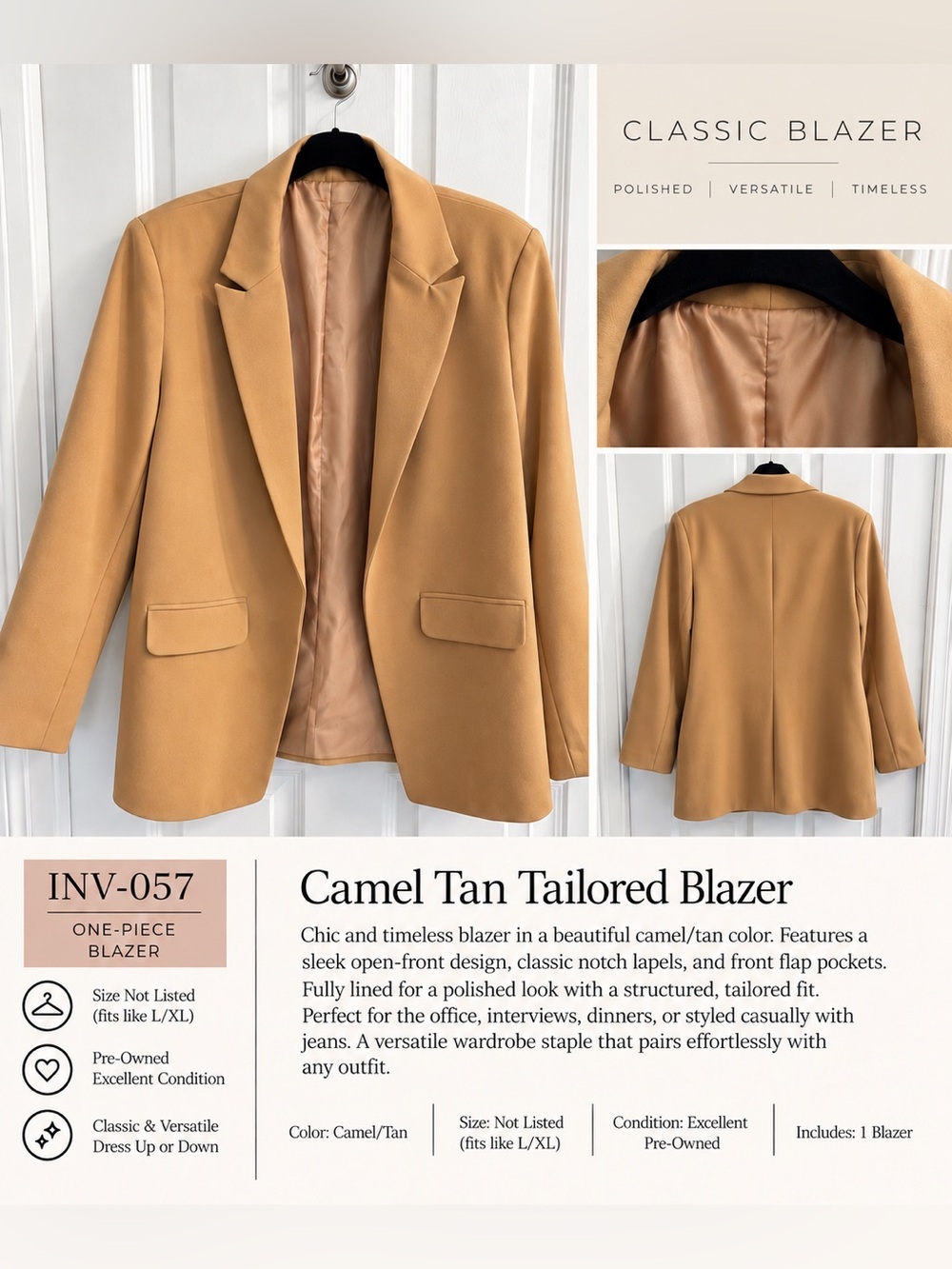 Tailored Camel/Tan Blazer - Women's Structured Single-Breasted Jacket